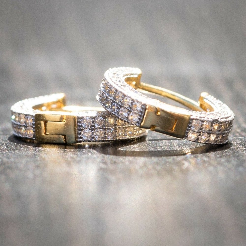 Mens Fully Ice Out 14K Gold Hoop Earrings - Picture 16 of 16